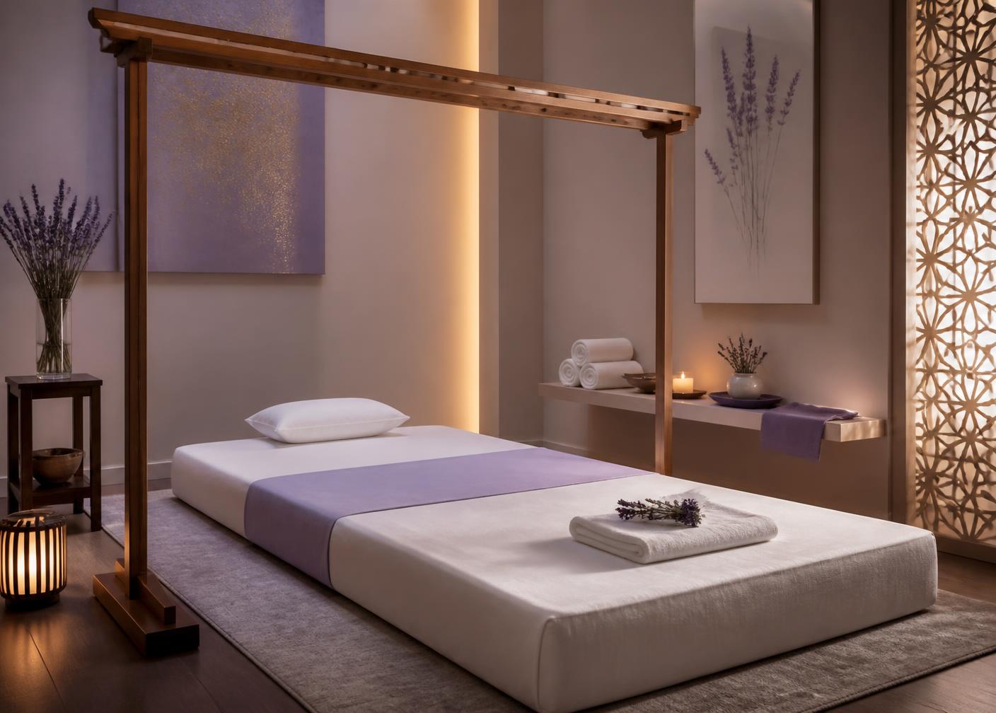 Low massage mattress with an overhead wooden support bar in a calm spa room