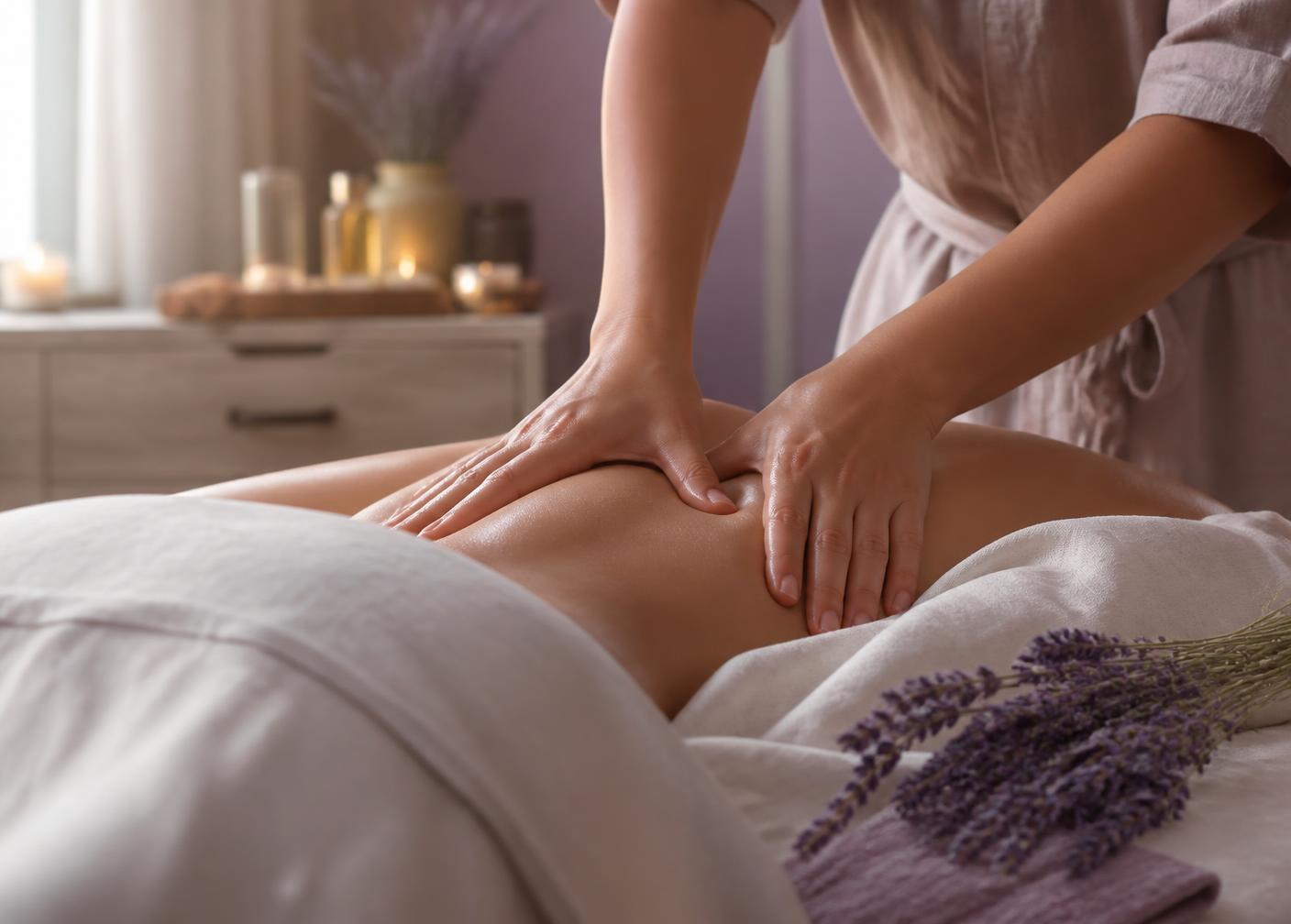 Therapist giving a firm back massage in a lavender-toned treatment room