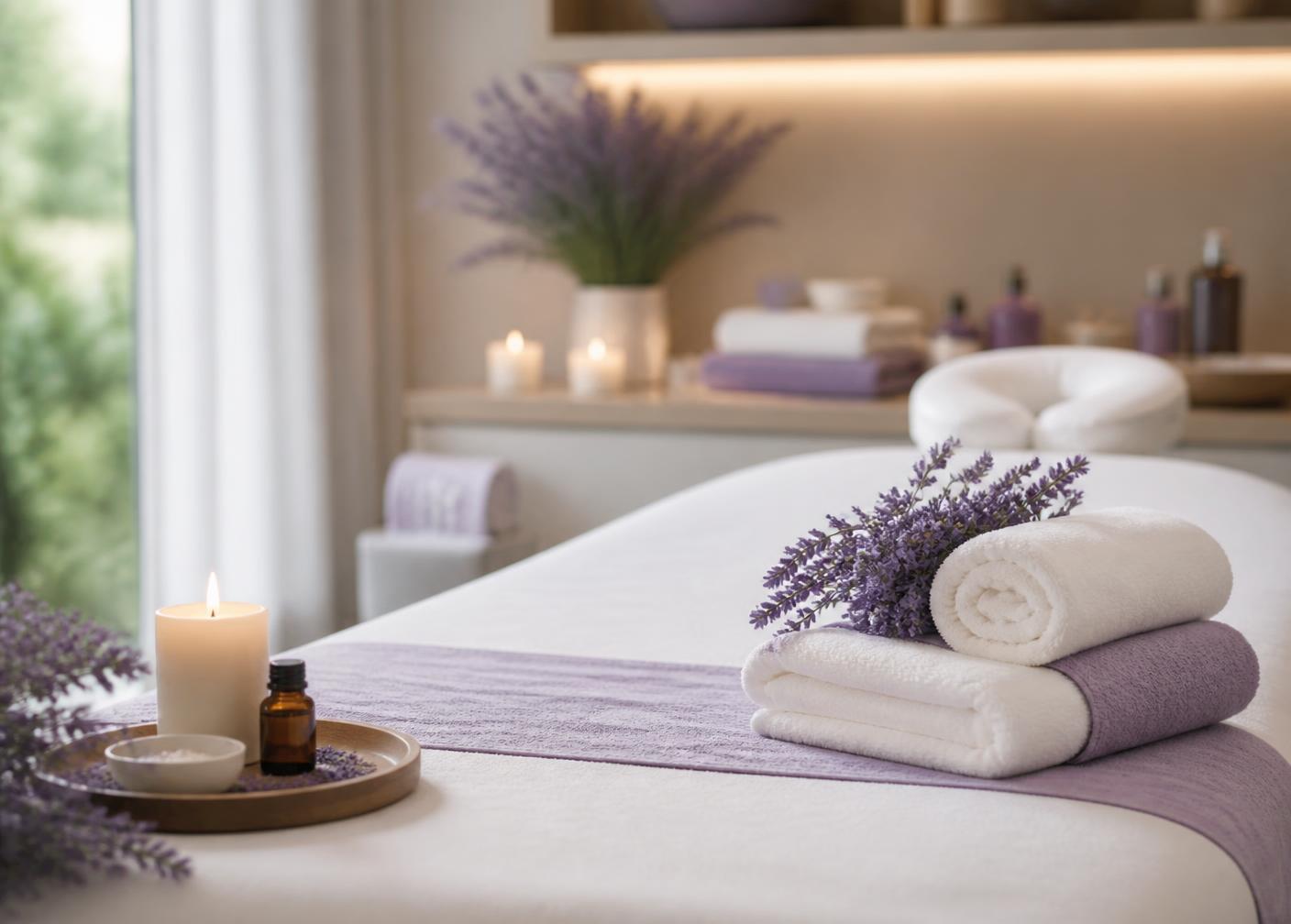 Massage bed with white linen, folded towels, candle and lavender flowers