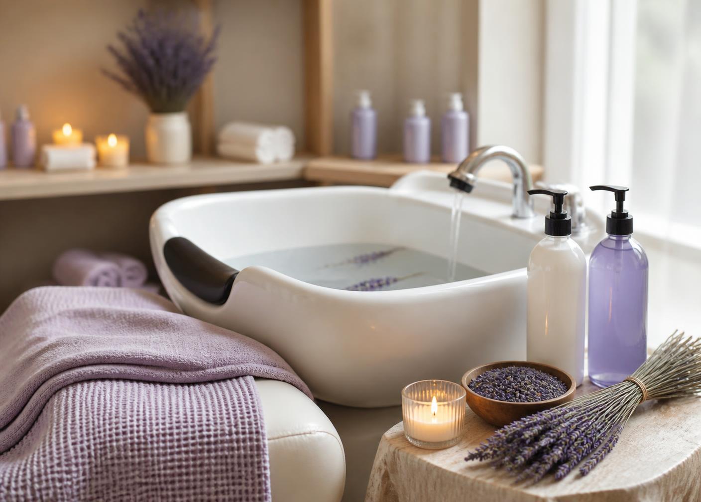 Shampoo basin with running water, soft towels and lavender products