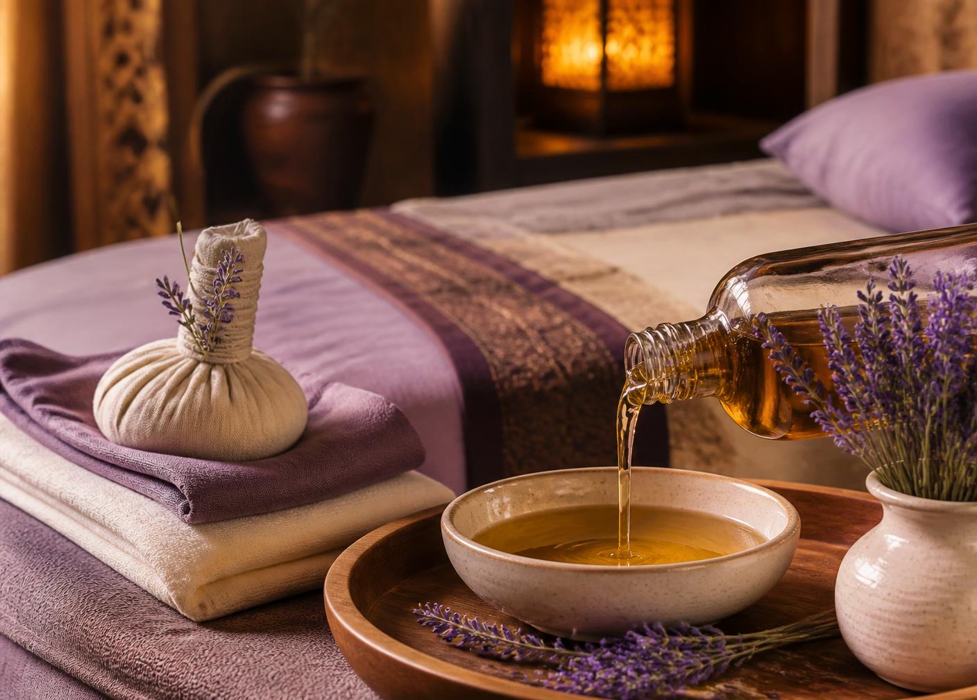 Warm massage oil poured into a ceramic bowl beside folded spa towels